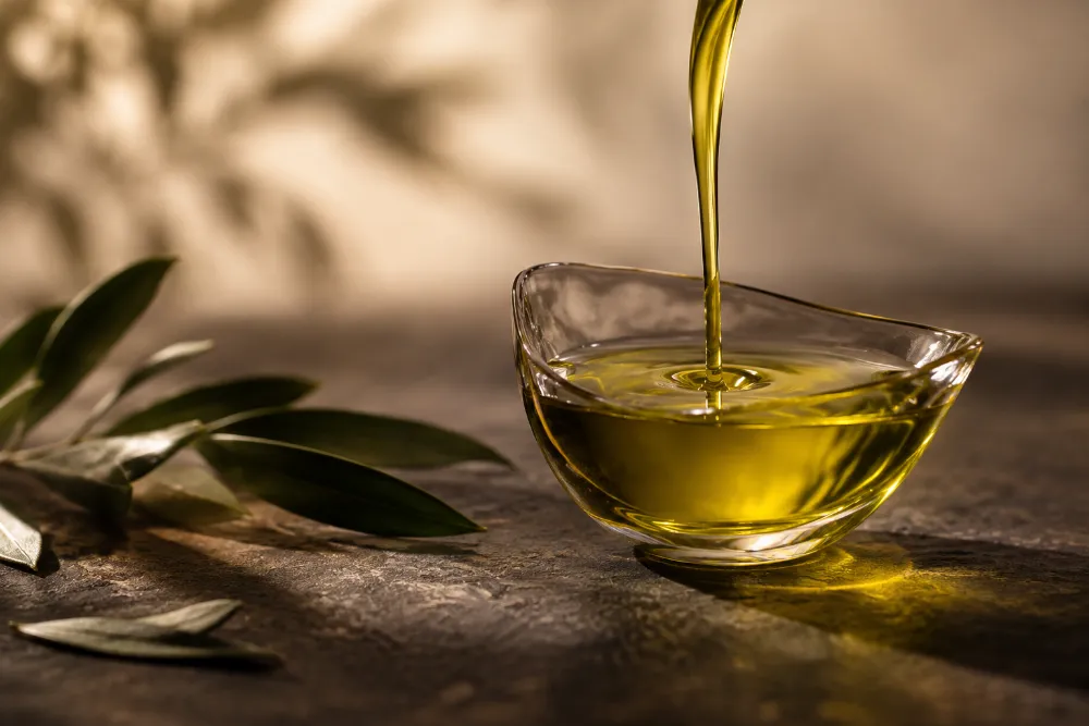Filet d'huile d'olive versé dans une coupelle de verre
